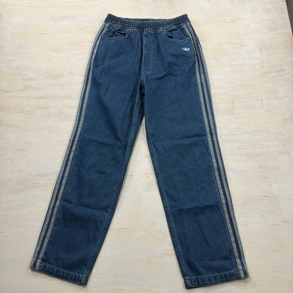 Adidas Denim Pants Originals 3-Stripe Elastic Waist Blue Jeans US Y/XL Womens M